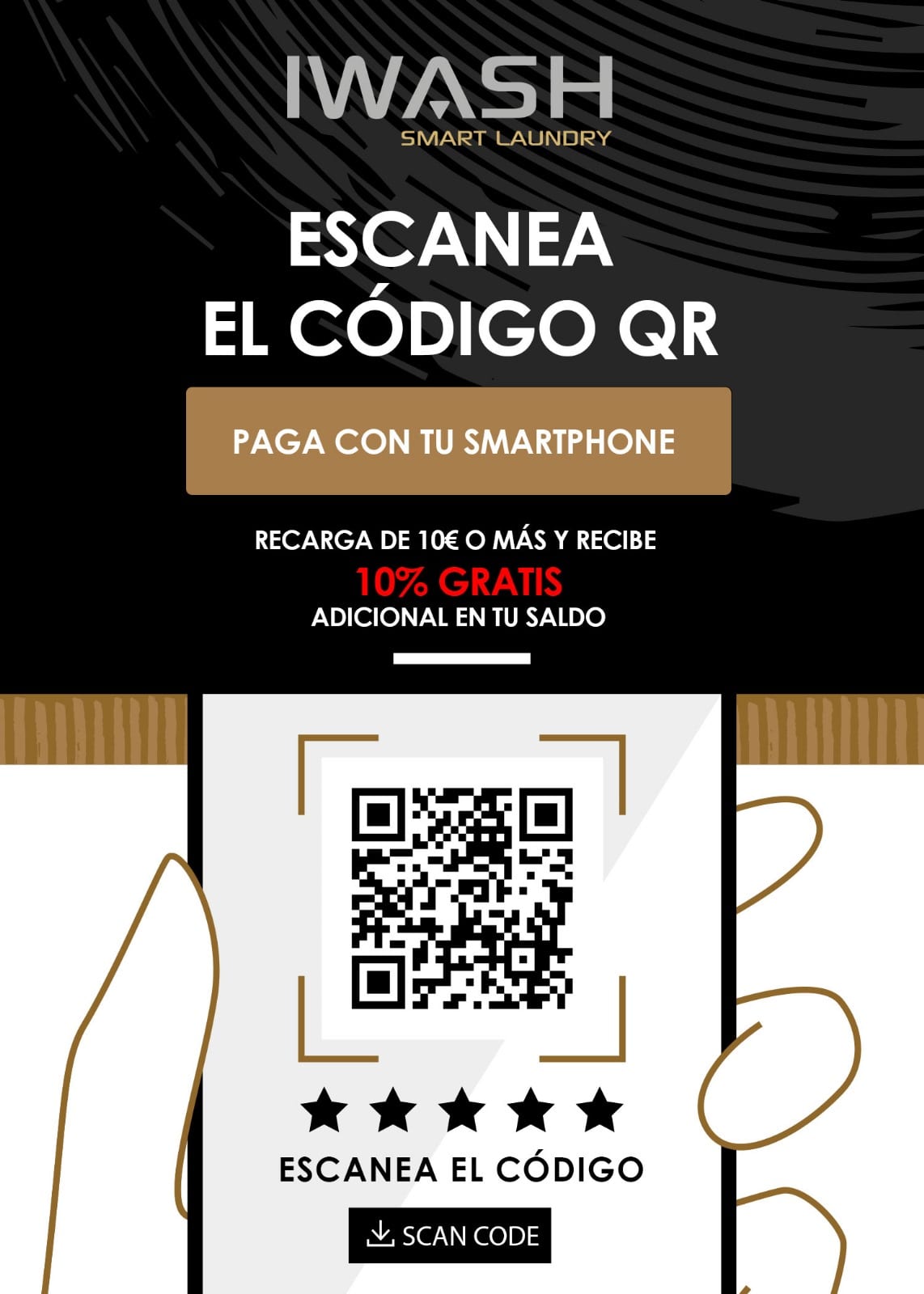Promoción IWash Hortaleza: paga con tu smartphone escaneando el código QR, recarga 10 euros o más y recibe un 10% adicional gratis en tu saldo